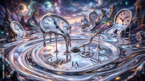 Surreal time-warp: melting clock hands in soft chrome liquid