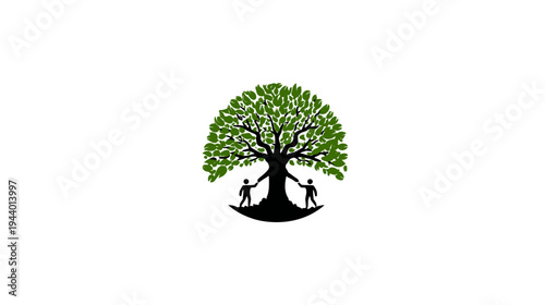 Green tree with two people holding hands, symbolizing connection, community, nature, growth, and environmental care. Graphic illustration concept.