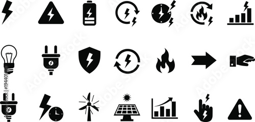 Electricity and renewable energy icon set, power, battery, lightning, solar panel, wind turbine, safety warning symbols, electrical technology vector collection