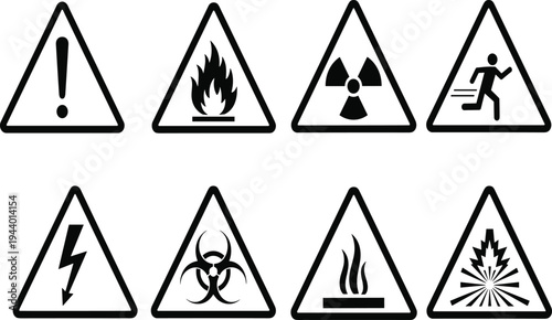 Hazard warning triangle icons set, danger symbols including fire, radiation, electricity, biohazard, explosion and emergency signs, industrial safety vector illustration