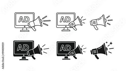 A collection of six black and white illustrations depicting computer monitors and megaphones with 'AD' on the screens, conveying advertising and announcement concepts in a simple line art