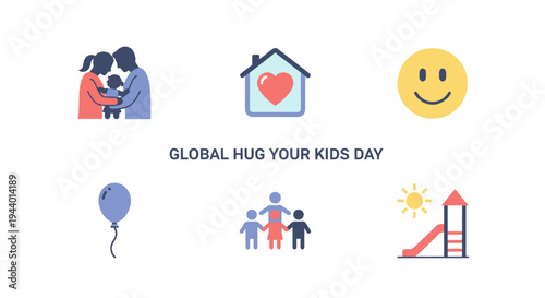 Graphic featuring icons related to family home happiness and play with central text