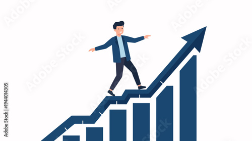 Businessman balancing on an upward-sloping bar graph, symbolizing strategic navigation through business growth, market trends, and the journey toward professional success and achievement