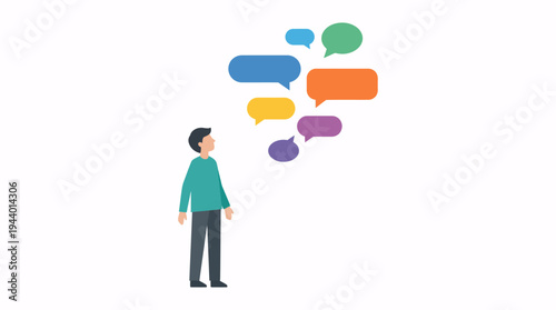 Digital illustration featuring a person observing colorful communication bubbles, representing contemplation, diverse opinions, social interaction, and creative ideation