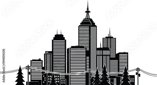 Modern city skyline silhouette with skyscrapers, urban downtown buildings, power lines and utility poles, metropolitan architecture landscape, city infrastructure vector illustration
