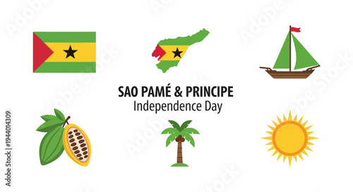 Graphic icons celebrating São Tomé and Príncipe Independence Day featuring flag map boat cacao palm and sun