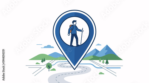 Digital illustration portraying an adventurous trekker within a prominent location marker, symbolizing outdoor exploration, personal journey, and the scenic path of discovery