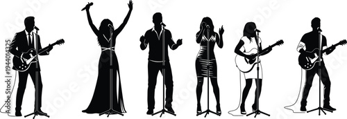 Music band singer and guitarist silhouettes set, live concert performers with microphones and guitars, stage performance musicians vector illustration collection