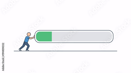 A person pushing a progress bar, symbolizing ongoing effort, task completion, project advancement, and the diligent work needed to achieve goals or manage loading status