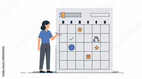 Organizing tasks on a calendar with a pen, planning the schedule and checking off completed items for efficient time management and productivity