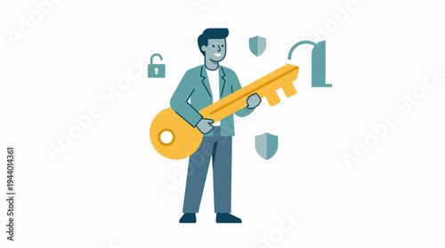 Conceptual illustration of digital security, featuring a person with a large golden key, surrounded by protective shields and padlocks, symbolizing access and data safety