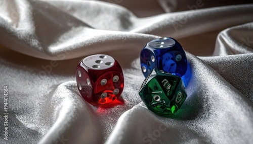 Artisan Gemstone Polyhedral Dice Set resting on luxurious silk cloth, perfect for tabletop roleplaying games.