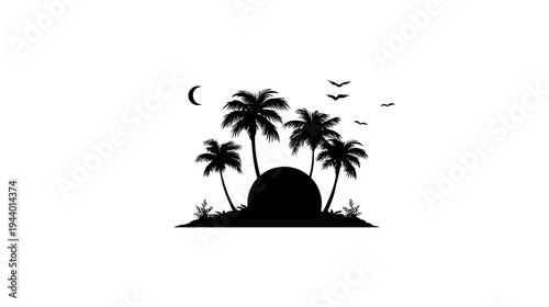 Minimalist tropical island silhouette with palm trees, setting sun, crescent moon, and flying birds. Black and white nature icon.
