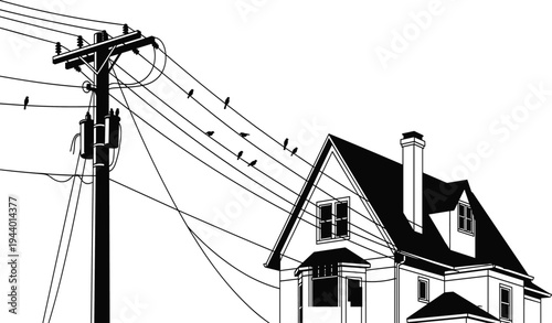 Residential house with utility pole and birds on power lines silhouette, suburban electricity distribution network, neighborhood infrastructure vector illustration