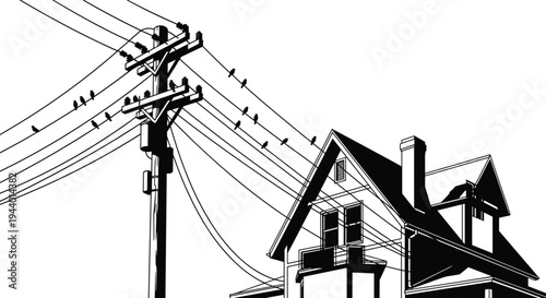 Residential house with utility pole and birds on power lines silhouette, suburban electricity distribution network, neighborhood infrastructure vector illustration