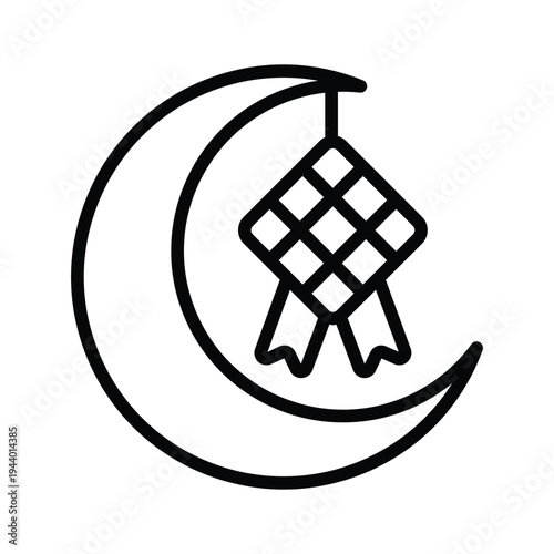 linear icon of a crescent moon with a hanging ketupat for Ramadan.