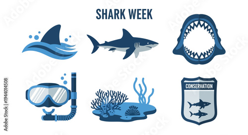 Shark Week graphic featuring six blue icons fin shark jaws snorkel coral and conservation shield