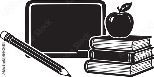 Education icons, books, apple, chalkboard, and pencil illustration set