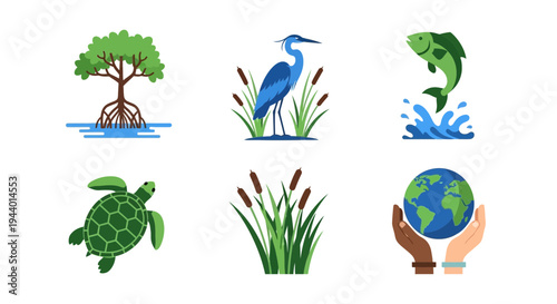 Six icons depicting wetland life flora and global conservation efforts