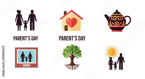 Six icons related to family and home silhouettes house teapot photo tree and sun with figures