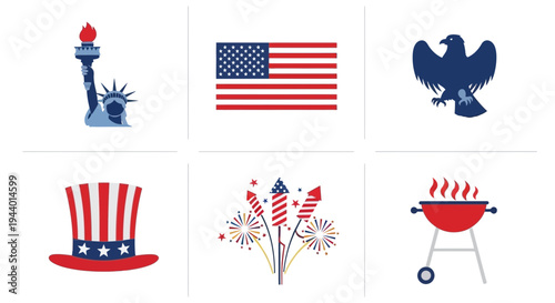 Six icons representing American patriotism Statue of Liberty flag eagle top hat fireworks and grill