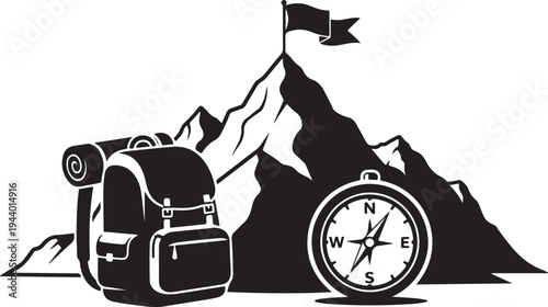 Adventure travel hiking backpack and compass on mountain peak