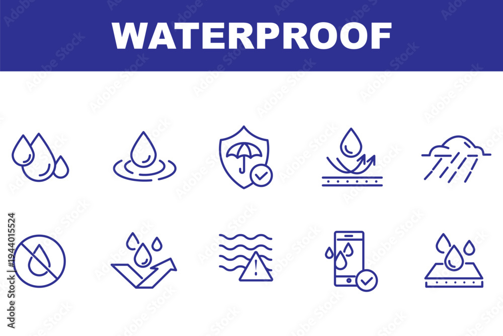 Fototapeta premium Waterproof icon set, water resistant symbols, liquid proof protection, hydrophobic surface, anti-wetting material, shield with water drop, rainproof fabric, outdoor safety vector illustration