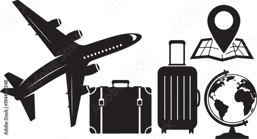 Travel and adventure icons in black and white style