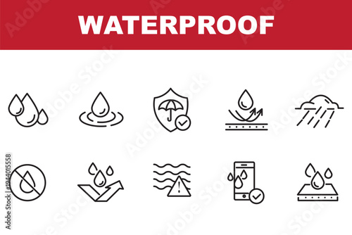 Waterproof icon set, water resistant symbols, liquid proof protection, hydrophobic surface, anti-wetting material, shield with water drop, rainproof fabric, outdoor safety vector illustration