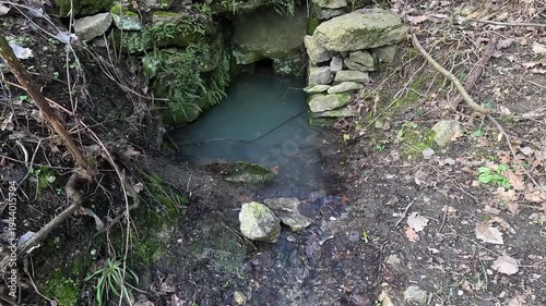 Natural spring flowing from stone source in forest with clear water stream