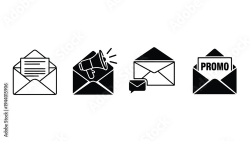 Four black and white line icons depicting various email concepts on a clean white background.
