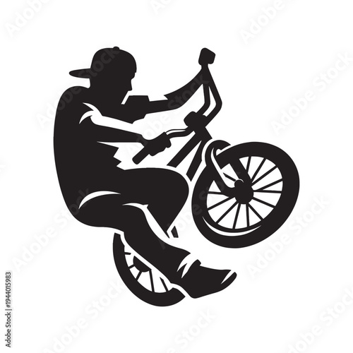 a black silhouette of a man wearing a cap and riding a bicycle on a wheelie, with the front wheel in the air
