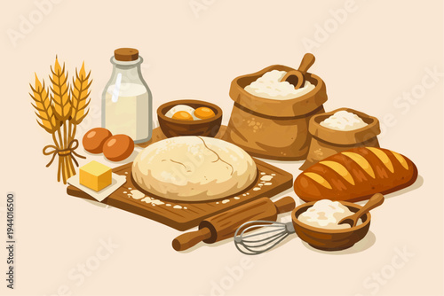 Bakery ingredients and fresh bread illustration with wheat flour eggs milk butter rolling pin whisk bowl and rustic loaves creating a warm baking concept for menus packaging and recipe themes
