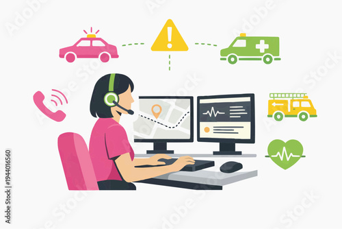 Female emergency dispatcher with headset working at computer with roadside assistance icons for towing ambulance alert monitoring vehicle support and transport service communication