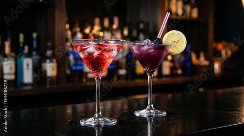 Professional studio photograph of two vibrant colorful cocktails in martini glasses with ice and garnishes on a dark bar counter with a blurred background of liquor bottles