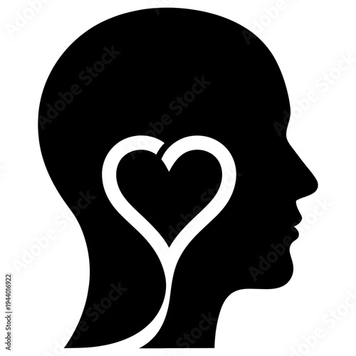 Human head silhouette with heart shape for mind body connection | emotional and mental wellness icon | solid black vector design