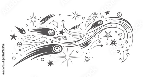 Black and white abstract swirling stars and comets decorative swirls