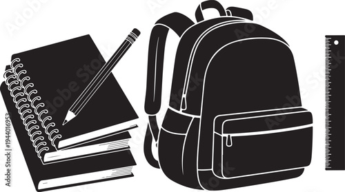 School supplies illustration with backpack and notebooks isolated