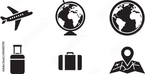 Travel and adventure icons in black and white design