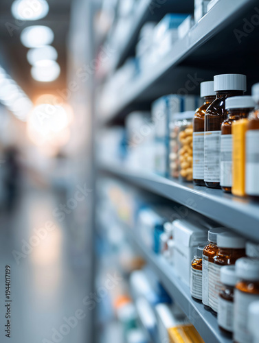 Close up of medicine bottles and pharmaceutical products on pharmacy shelves in a modern drugstore with blurred background.