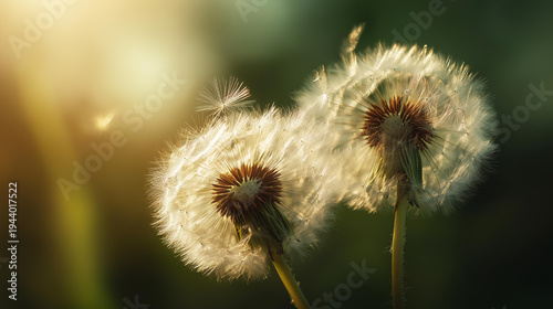 Backlit dandelion seed head in afternoon sun with seeds detaching in a gentle breeze close-up nature sunlight