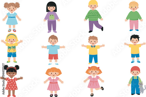 Cute diverse children group standing together collection set, happy multiethnic kids characters, childhood education flat vector illustration, cad drawing flat vector illustration