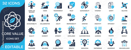Core values solid icon set featuring integrity, teamwork, leadership, innovation, responsibility, and trust. Flat vector icons for corporate culture, company values, and business ethics projects.