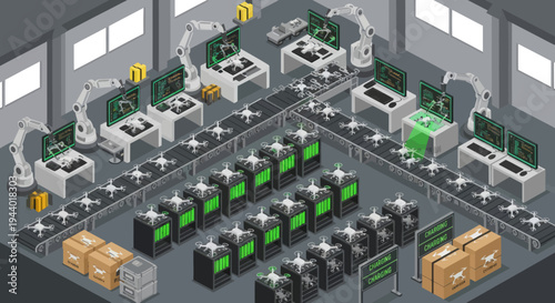 Industrial robotic assembly line production.