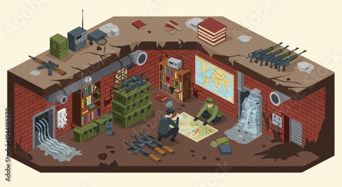 Isometric view of abandoned room interior.