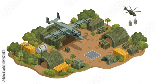 Military Helicopter and Base Camp.