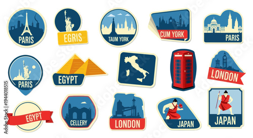 Collection of Travel Stickers: Paris, London, New York, Egypt, Japan, Italy