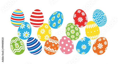 Colorful Decorated Easter Eggs Collection on White Background