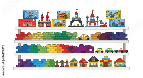 Colorful Building Blocks Toys Displayed on Shelves, Featuring Castles, Houses, Cars