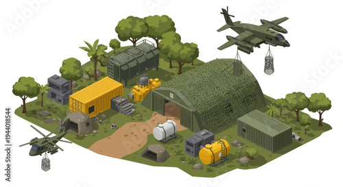 Military helicopters and base camp.